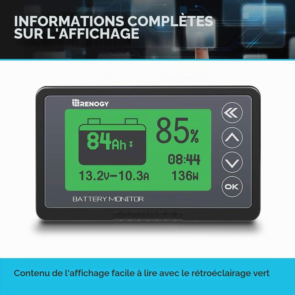 Renogy Moniteur de Batterie 500 A Haute et Basse Tension programmable Alarme pour Lithium
