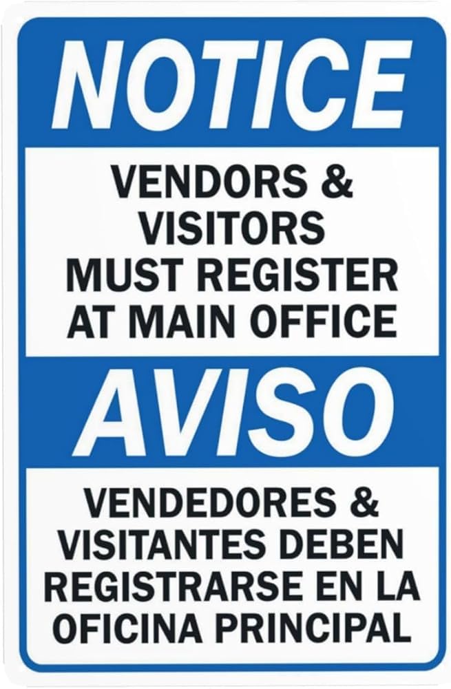 Notice Must Register At Main Office Warning Sign Visitor Security Metal Signs For Business Home Outdoor Indoor Road Yard Garage Street Wall Safety Caution Decor Gift For Women Men 8x12 Inch