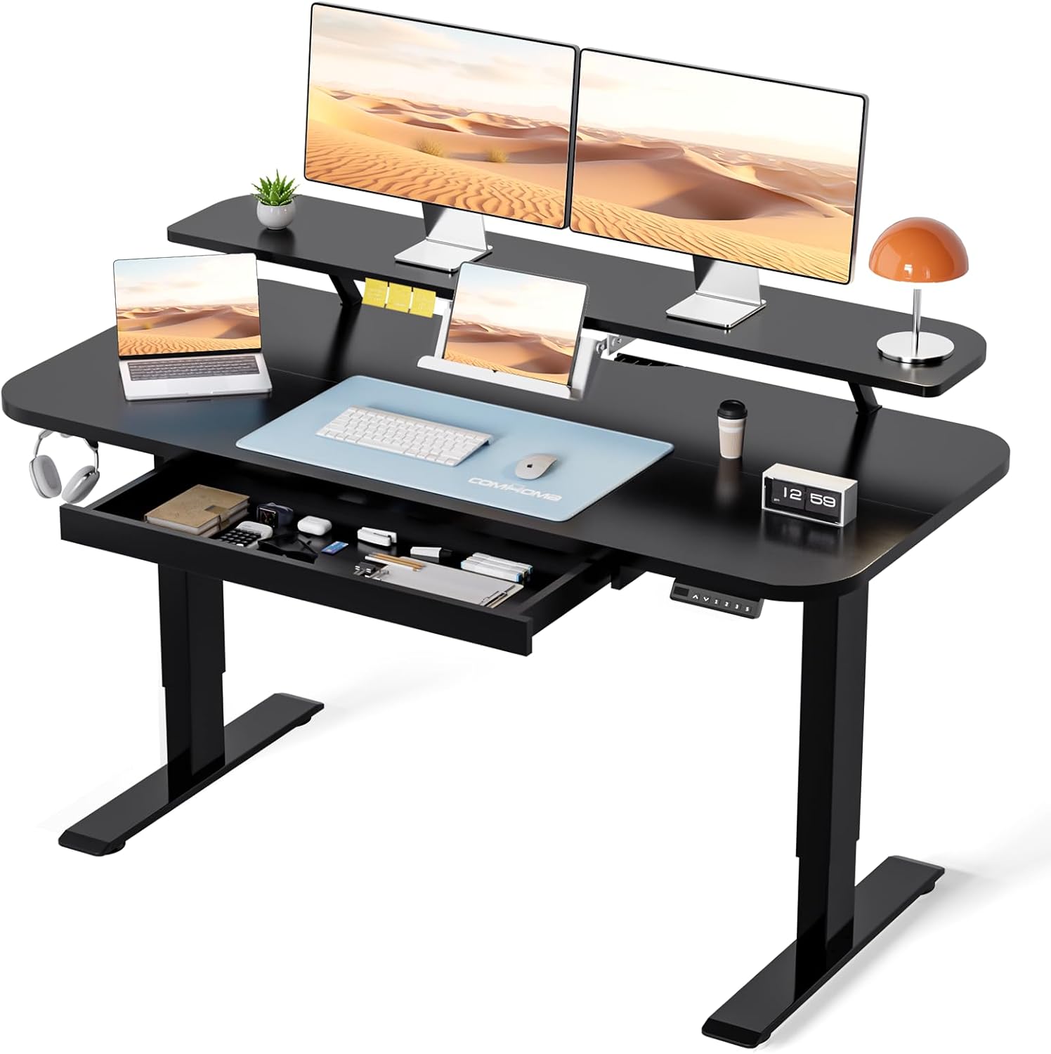 COMHOMA Electric Standing Desk with Drawers, 48 x 24'' Sit Stand up Desk with Monitor Stand, Laptop Stand, Height Adjustable Ergonomic Home Office Computer Desk with Memory Preset Controller (Black) Black 48*24"