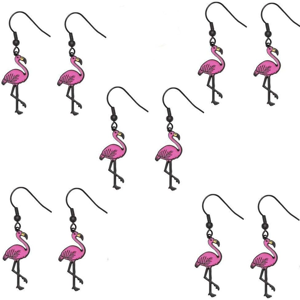 Pink Enamel Flamingo Bird Dangle Earrings Black Tone (Gold)