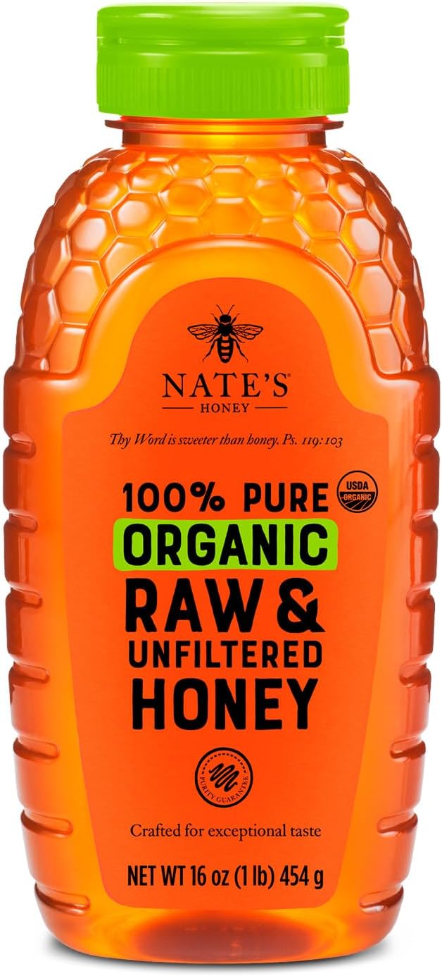 Nature Nate?s 100% Pure Raw & Unfiltered Organic Honey; Product of Brazil and Uruguay; Packaged in 16-oz. Squeeze Bottle; Enjoy Honey?s Balanced Flavor and Wholesome Benefits, Just as Nature Intended