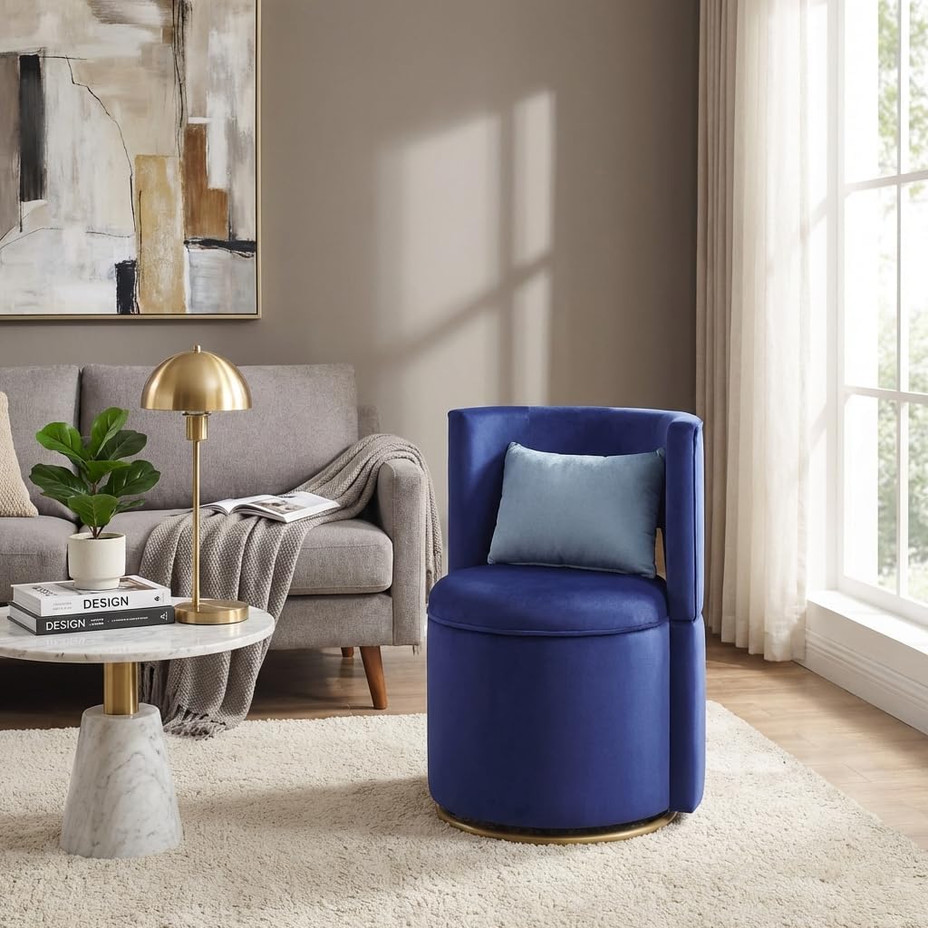 Vanity Chair with Storage, Velvet Button Tufed Upholstered Vanity Chair with Gold Metal Swivel Base, Hollow Back (Blue)