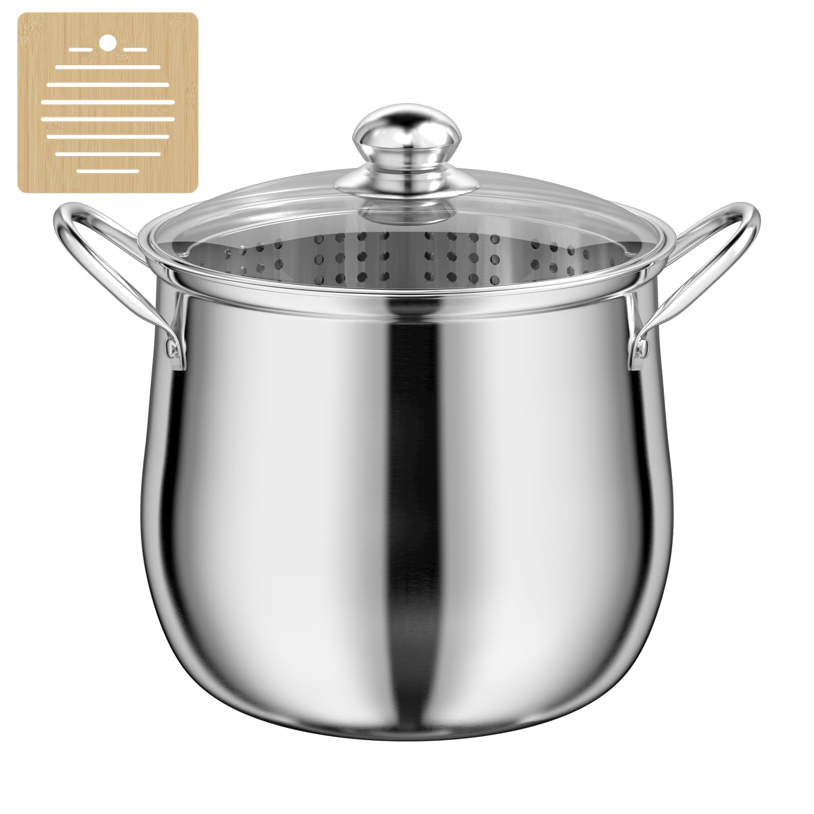 Pentola in Acciaio Inox 23,5 cm, Pentola per Pasta 7 Litri con Colino e Presina, Stockpot Capiente con Coperchio in Vetro, per Tutti i Piani Cottura, Adatta Alla Lavastoviglie