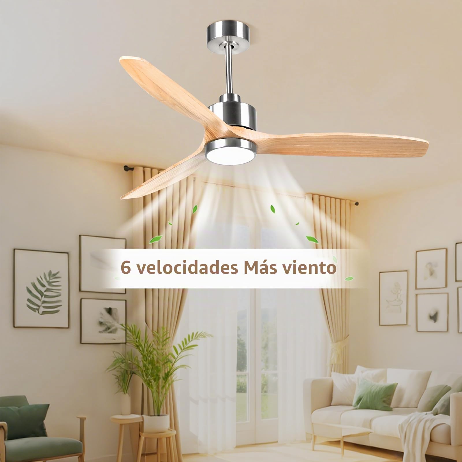 OFANTOP Ventilador de techo moderno de madera, 132 cm, con iluminación | mando a distancia, silencioso, motor DC conmutable para dormitorio, salón y garaje, madera natural