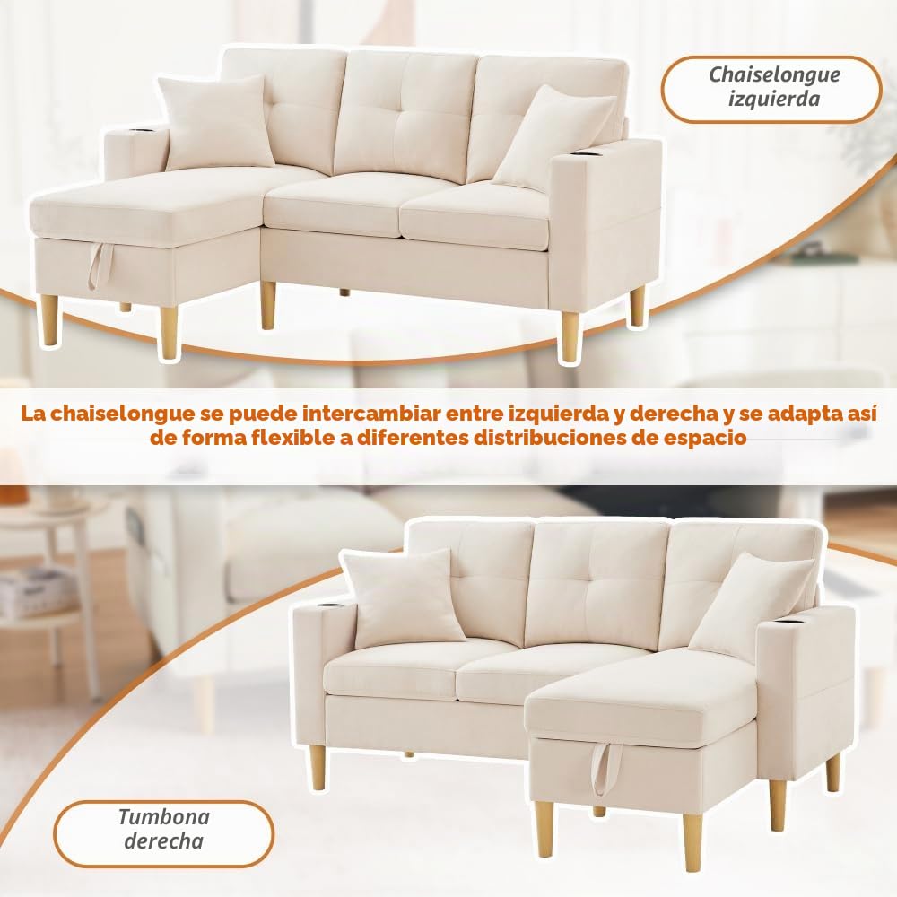 Sofá esquinero intercambiable, sofá de 3 plazas con chaise longue, sofás de esquina modernos con espacio de almacenamiento, 2 portavasos, 2 cojines, sofá esquinero en L con bolsillo lateral, para