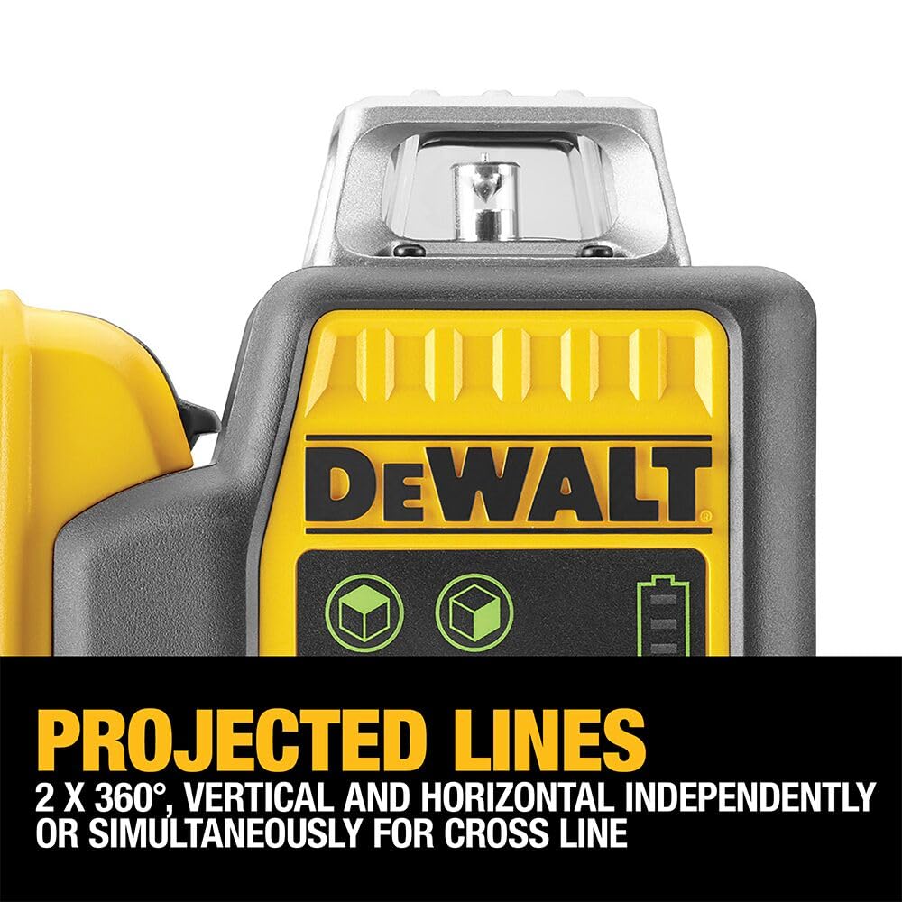 DEWALT DCE0811D1G-QW - Nivel Láser Autonivelante Verde, 2 Líneas 360°, Batería Li-Ion 2Ah XR 12V, Resistente IP65, Test de Caída 2m, Proyección Horizontal y Vertical, Incluye Pack de Batería 12V