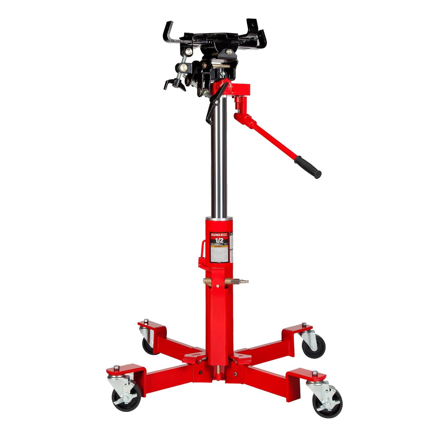 Sunex Tools 7796 1,000 lb Telescopic Transmission Jack, Air/Hydraulic, Foot & Hand Pump, Adjustable Saddle Arms, 73.5 in Max Height