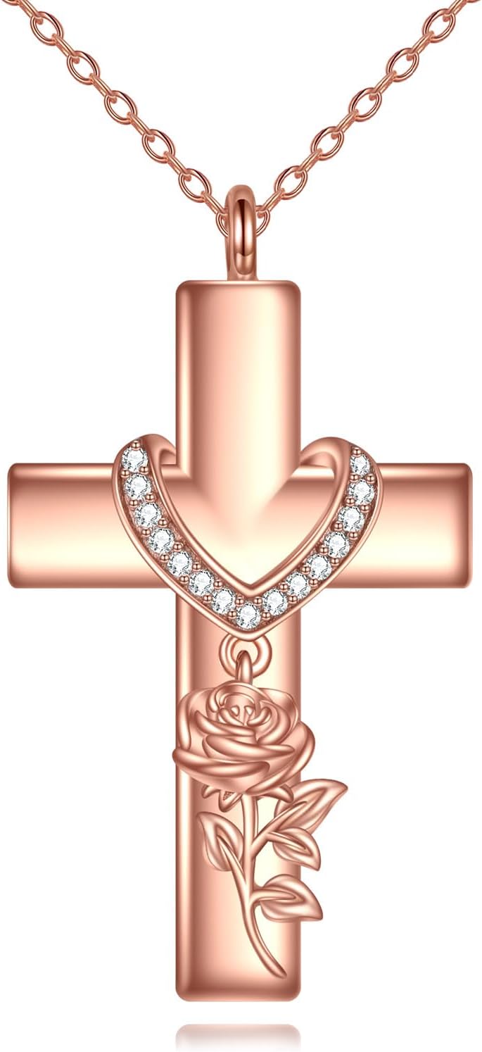 Cross Rose Flower Necklace for Women 925 Sterling Silver Crucifix Faith Pendant Flower Religious Jewelry Gift