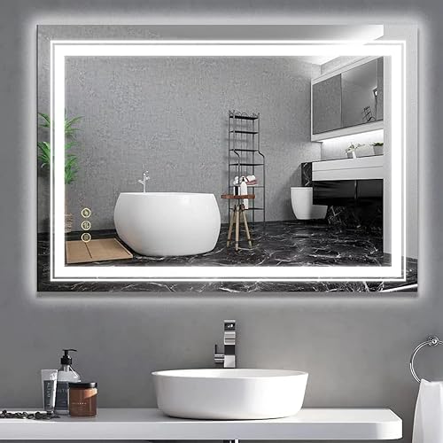 Espejo LED de baño 24 x 36 pulgadas con luces delanteras y retroiluminadas espejo de tocador iluminado frontal antiniebla montaje en pared luces