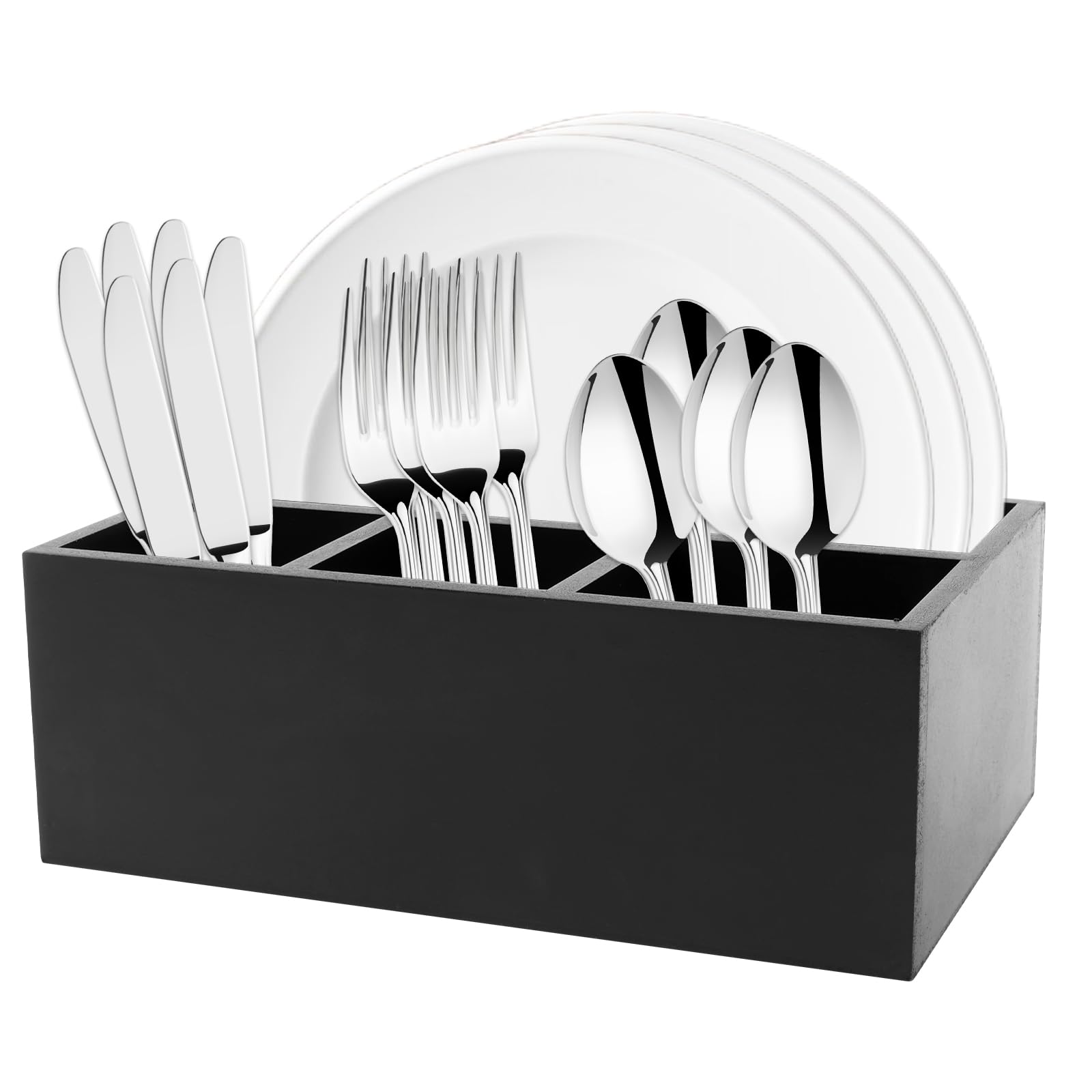 NIHUIFDPY Kitchen Utensil Holder Wood Utensil Caddy Organizer 4 Compartments Cutlery Holder Multifunctional Silverware Caddy Farmhouse Cooking Tools Storage for Home Kitchens Counter