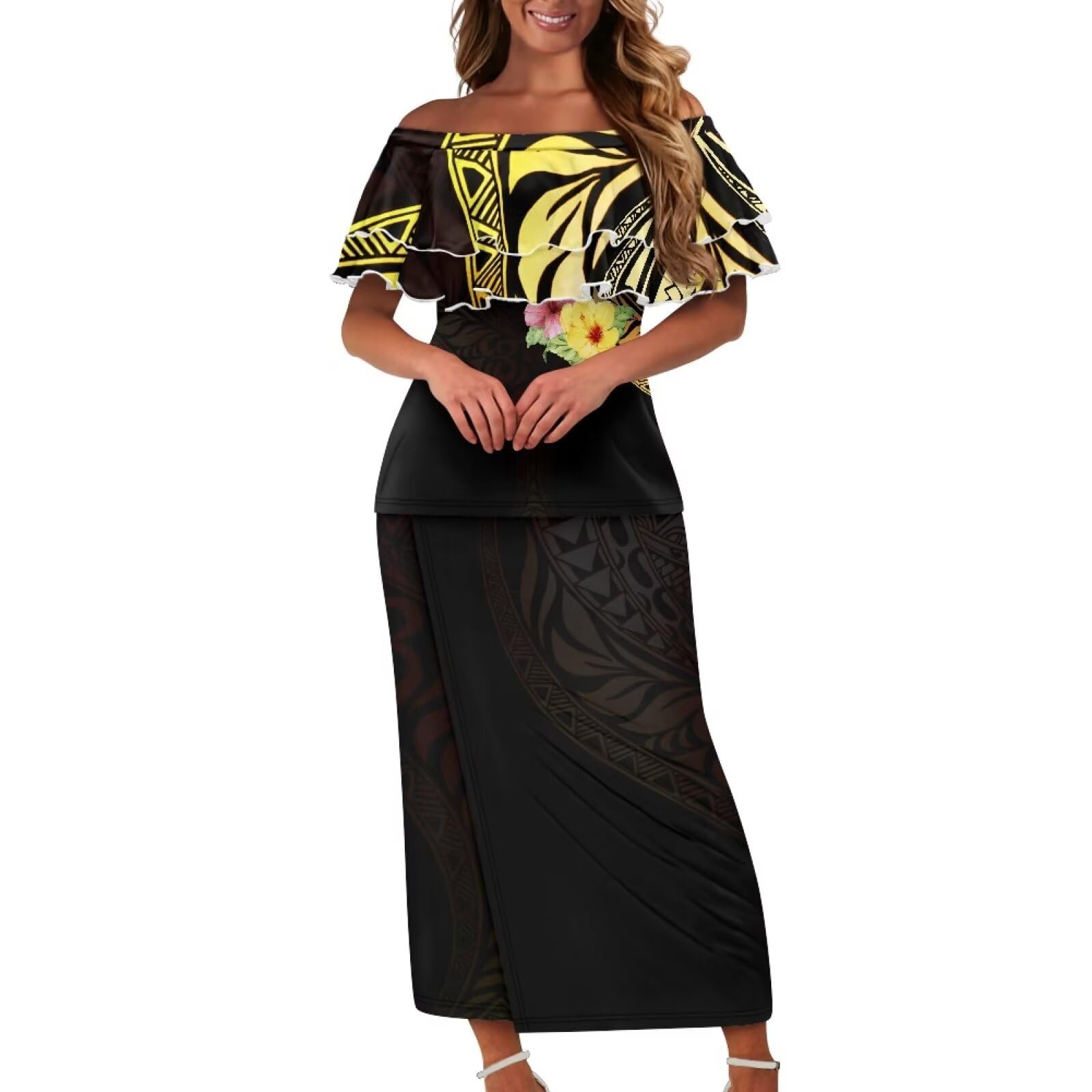 Hdjxbdhsv Women Polynesian Maxi Dress Puletasi Samoan Ruffle Off Shoulder Top and Skirts Two Piece Set