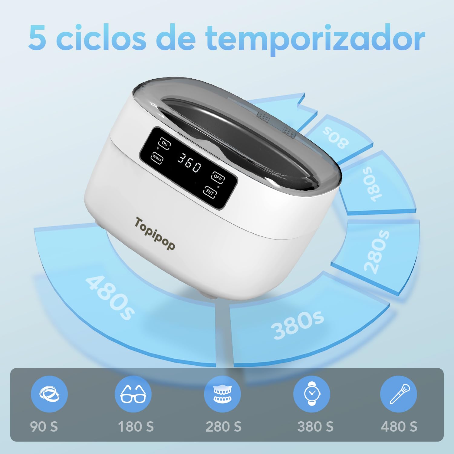 Topipop Dispositivo de limpieza ultrasónica, 48000 Hz, limpiador ultrasónico, 750 ml, limpiador ultrasónico de 5 modos, para limpiar gafas, joyas, relojes, anillos, cuchillas de afeitar, etc. (blanco)