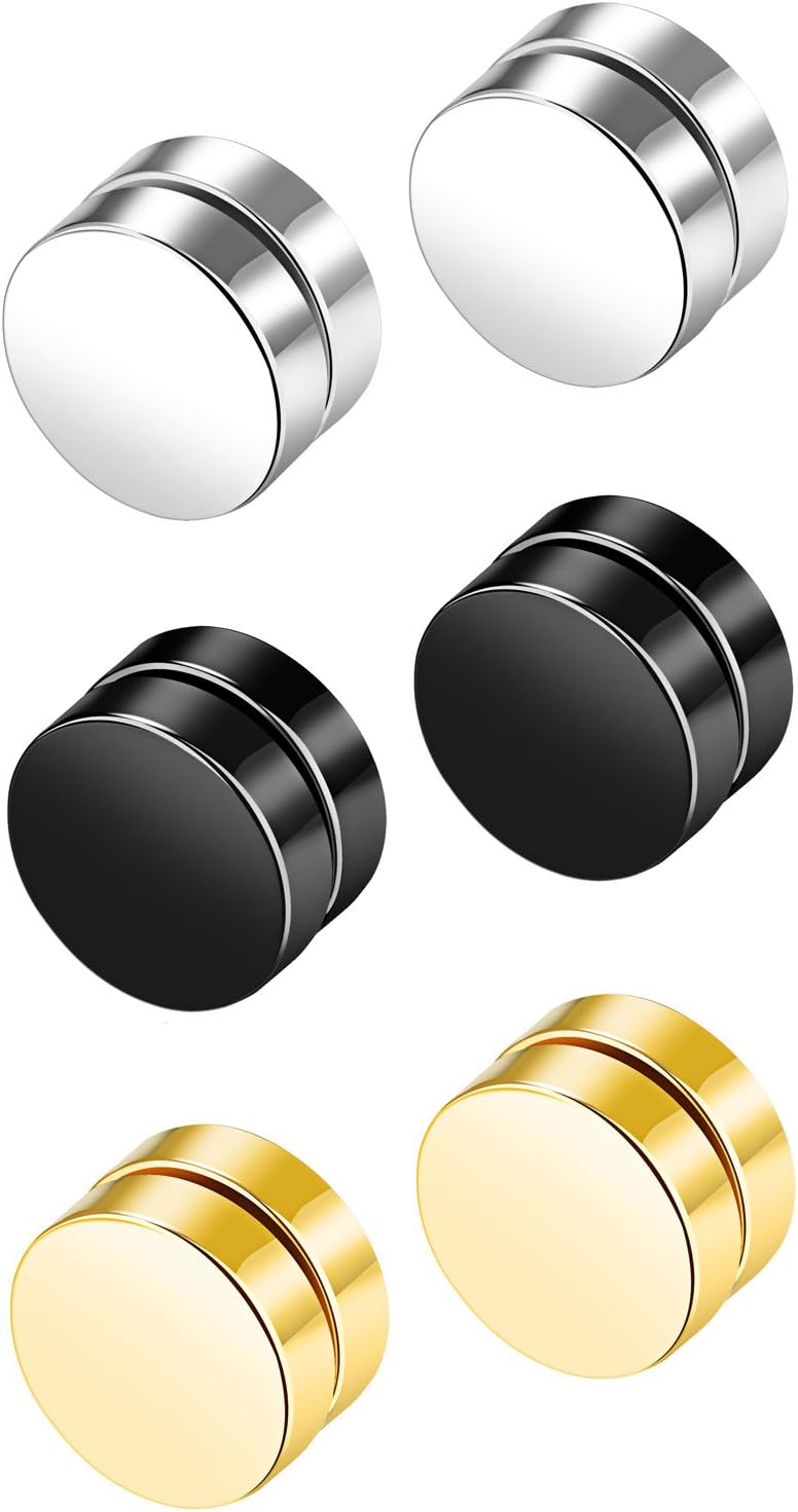6 Piece Stainless Steel Round Magnet Earrings For Men Women Non Piercings Fake Ear Plugs Gauges 3 Colors
