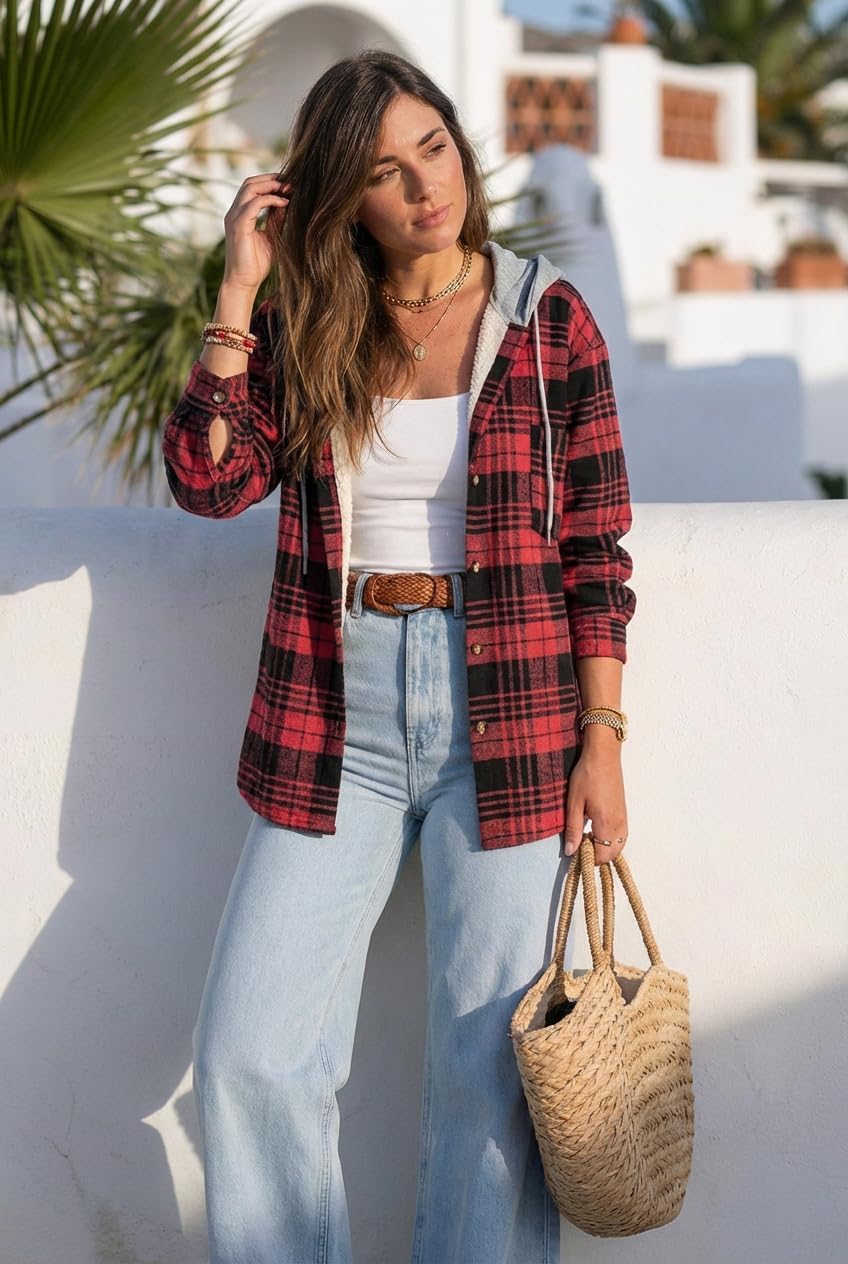 CHICME Womens Lightweight Casual Jacket Plaid Long Sleeve Shacket Fleece Lined Hooded Jackets Warm Coat - Image 4