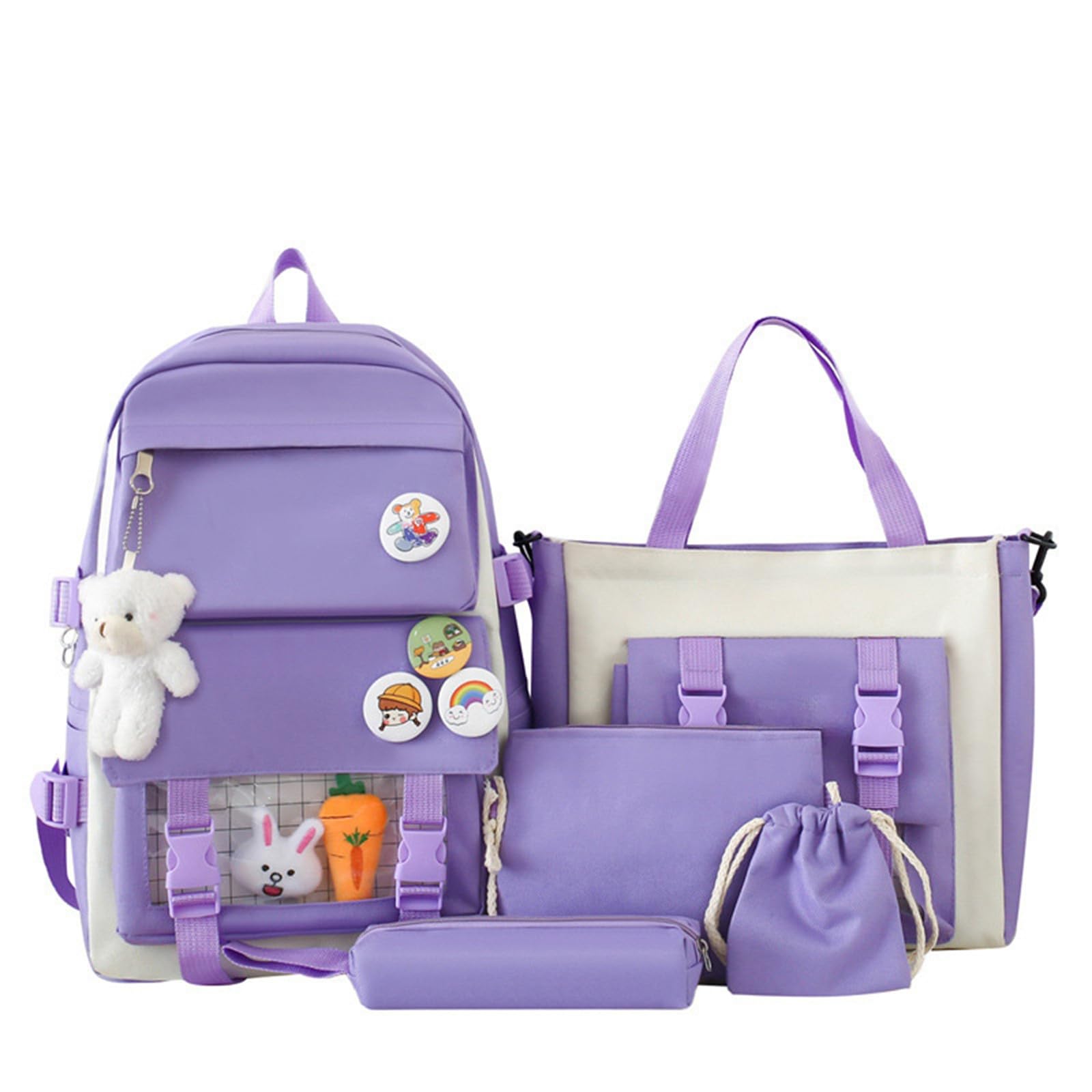5 Piece Set Bags Children Boy School 4 Ornaments For Girls Teenage Book Bags For School Elementary Causal Daypack Supplies Gifts For Girls Suitable For Ages 10-18