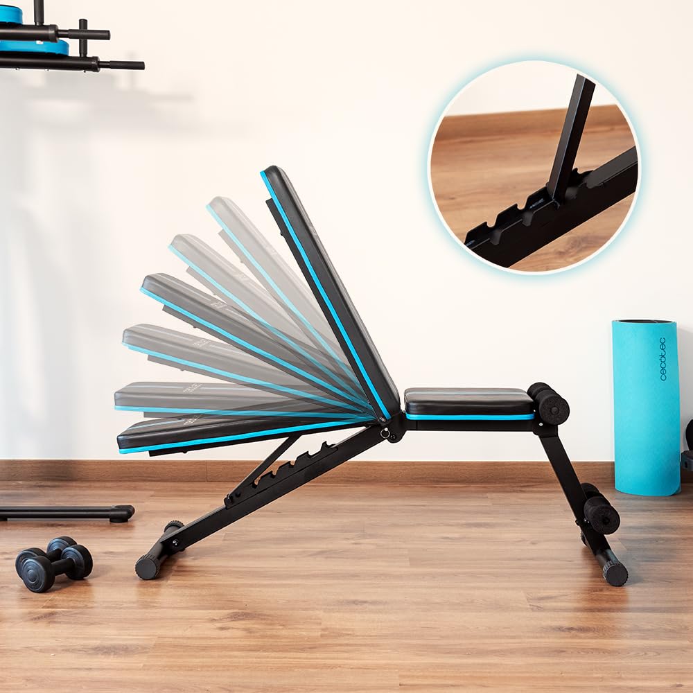 Cecotec Banco Musculación Plegable y Acolchado, Gimnasio en Casa, Drumfit Setup 7000. Ajustable en 7 Niveles, Reclinable hasta 180º, Almohadillas Antideslizantes, Entrenamiento Cuerpo Completo