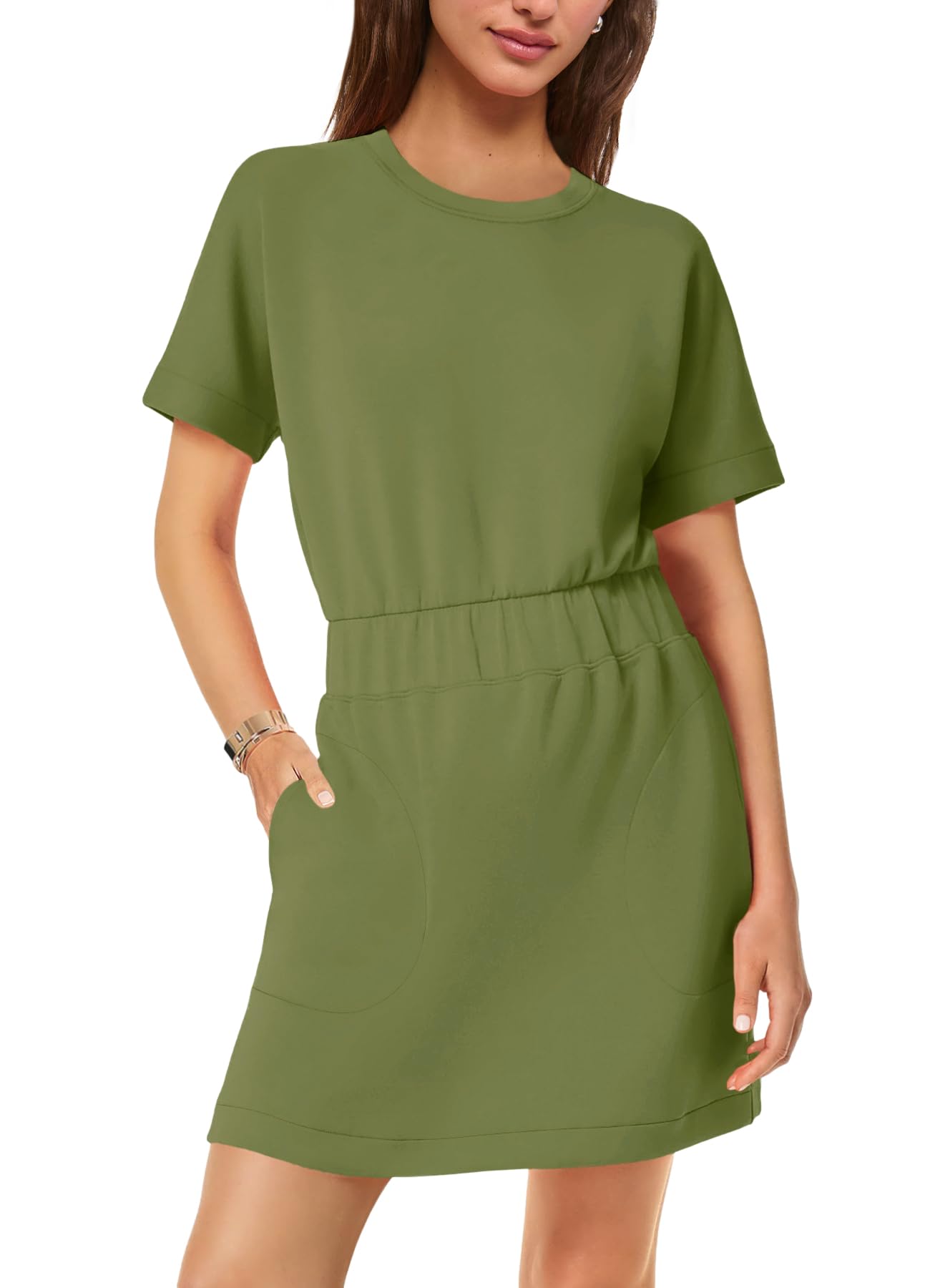 SENSERISE Womens Short Sleeve T Shirt Dresses Crew Neck Solid Color Basic Smocked Waist Dress with Pockets