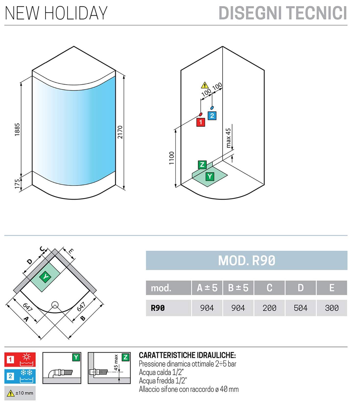 Novellini New Holiday R90 Standard con techo 90 x 90 cm Cabina de ducha equipada curvada 2 puertas correderas ángulo derecho izquierdo mezclador termostático cristal transparente perfil blanco alto