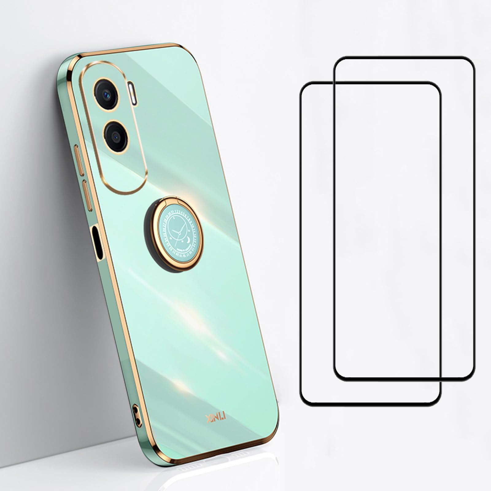 EasyLifeGo for Honor 90 Lite Case with Screen Protector Tempered Glass [2 pieces],Soft TPU Shockproof 360 Degree Ring Holder Kickstand Slim Plated Phone Case Cover_Mint Green