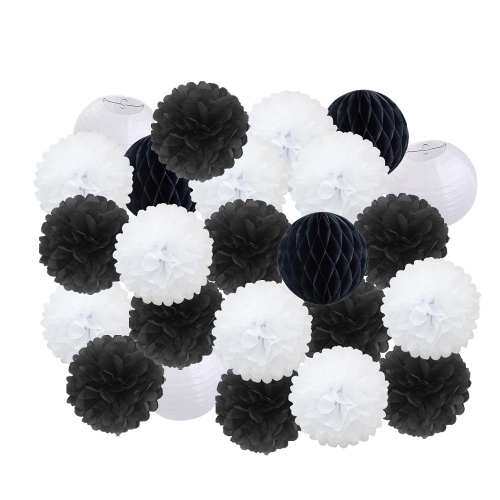 Pompon di carta Bomboniera for feste di compleanno for bambini e bambine, set rosa bianco, lanterna rotonda in carta, pieghevole, decorazione for battesimo matrimonio, pompon(Black Set,12inch(30cm))