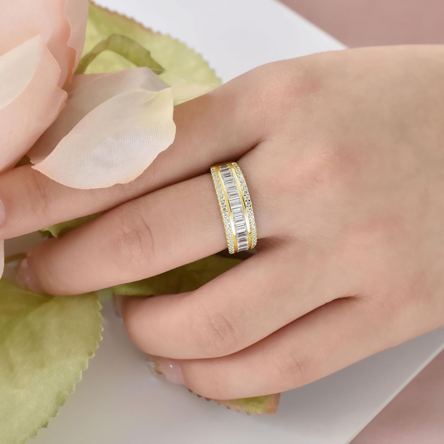 Wuziwen Women Sterling Silver Round and Baguette Eternity Ring Wedding Band for Women Cubic Zirconia Sz 5-10 - Image 2