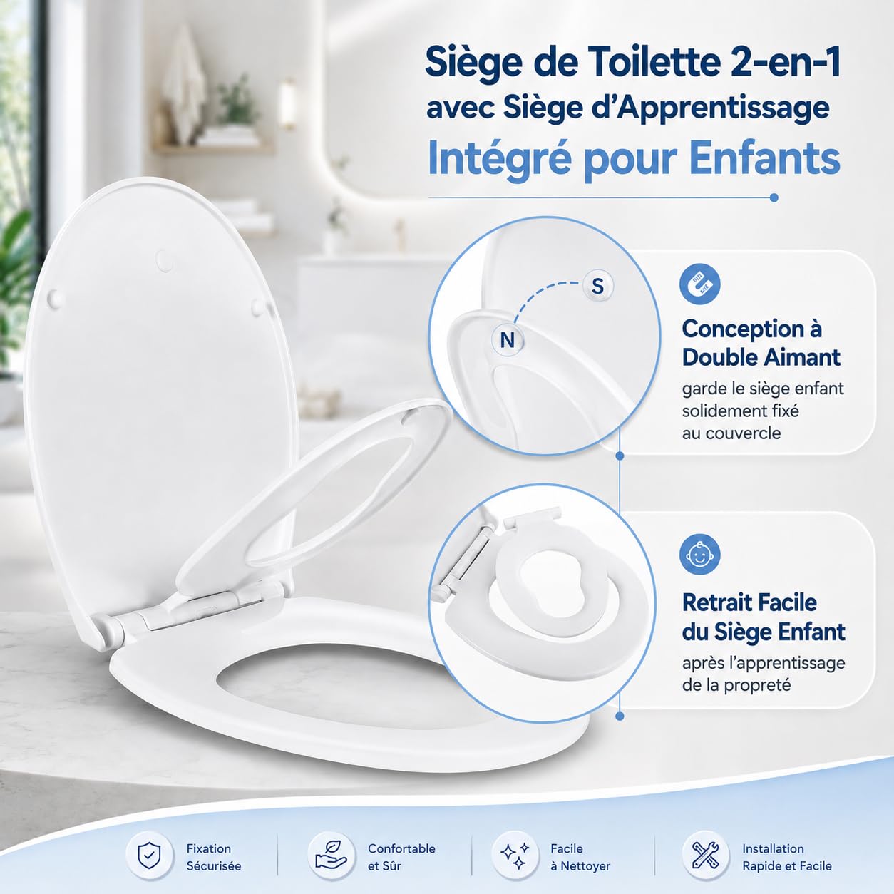 Abattant WC Familial, Lunette de Toilette avec Siège Enfant Magnétique, Frein de Chute et Charnière Réglable, Abattant WC en Polyéthylène pour Adultes et Enfants