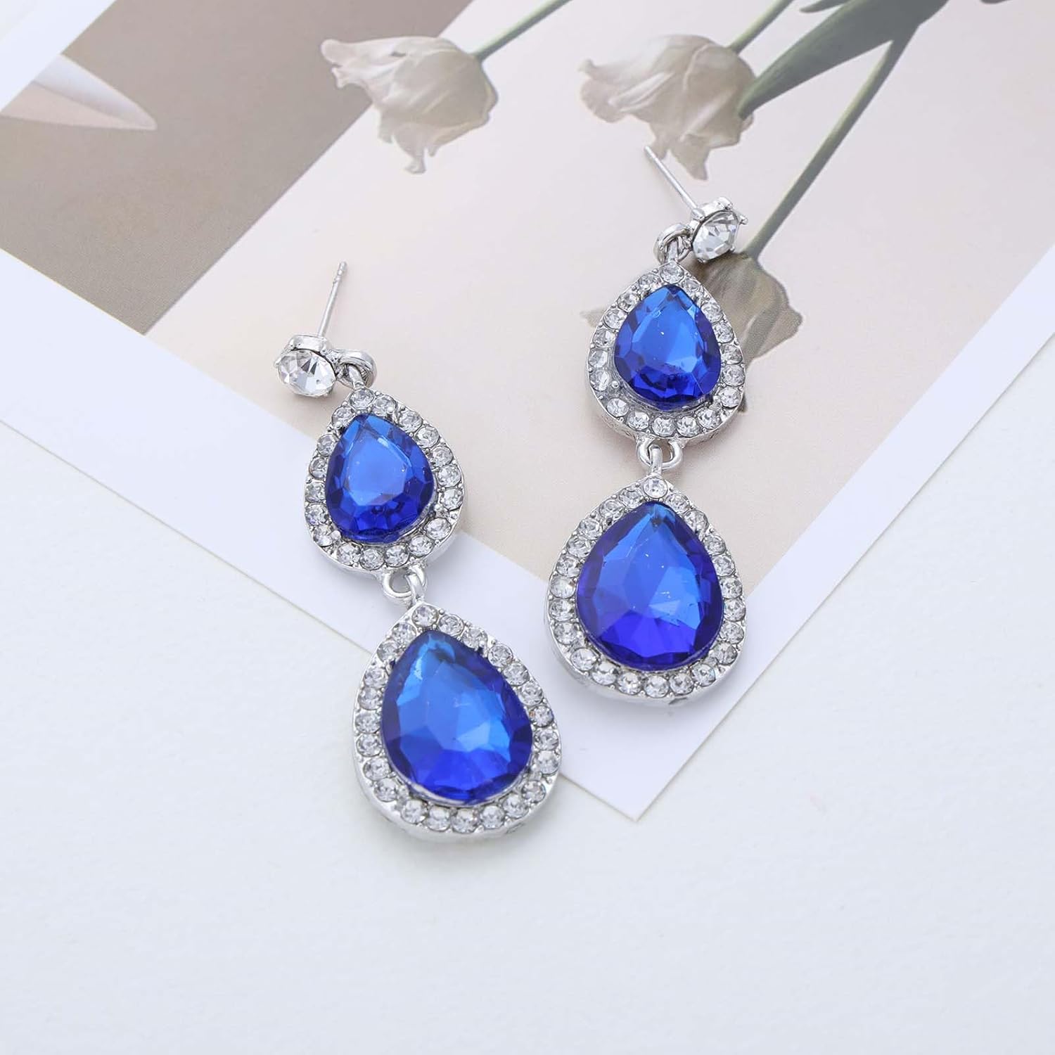Vintage Teardrop Sapphire Dangle Earrings Blue Crystal Drop Earrings Silver Sapphire Teardrop Earring Waterdrop Blue Rhinestone Earring Bridal Wedding Chandelier Statement Jewelry for Women - Image 8