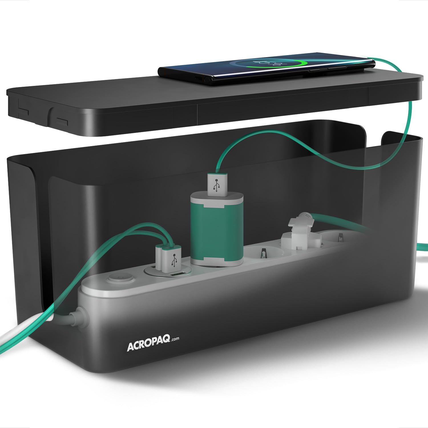 ACROPAQ Cable Box - (32 x 13.2 x 12.7 cm), Cable Management Box for Hiding Cables and Power Strips, Plastic, Black - Cable Box, Cable Storage, Power Strip Box, Cable Organizer, Cable Boxes