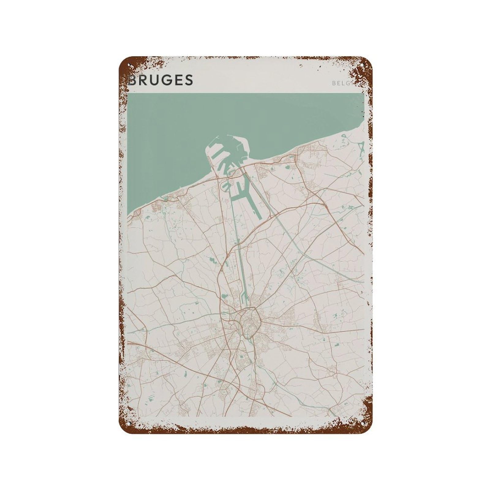 xiaoxiaoshen Bruges Map Belgium Travel Gift Farmhouse Decor (2) Wall Decor Art Metal Tin Poster Modern Home Decor Art Home Bar Shop Decorations Vintage Sign 30x20cm