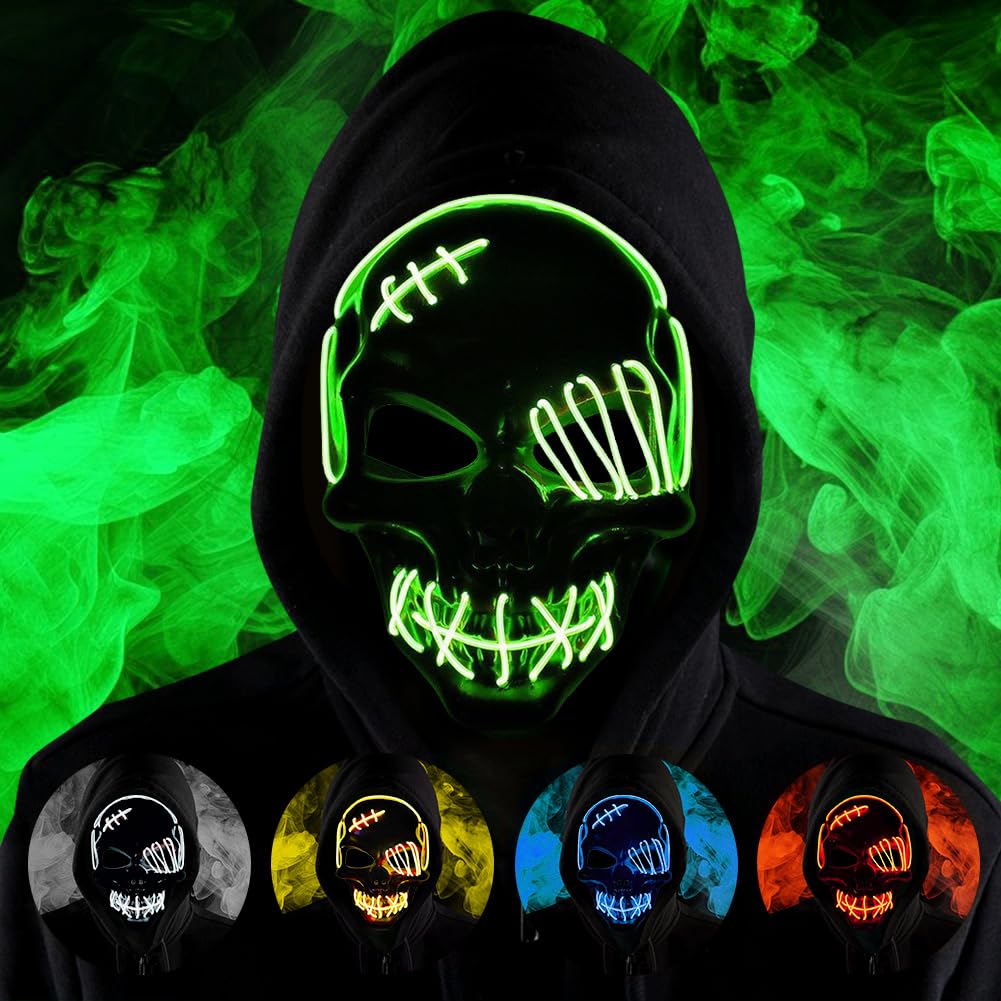 HATFRYF Halloween Skull Mask, Scary LED Halloween Mask, Halloween Face Masks for Men Women Kids, Light up Cosplay, Glowing Horror Smile, Anonymous Neon Gifts — image 1