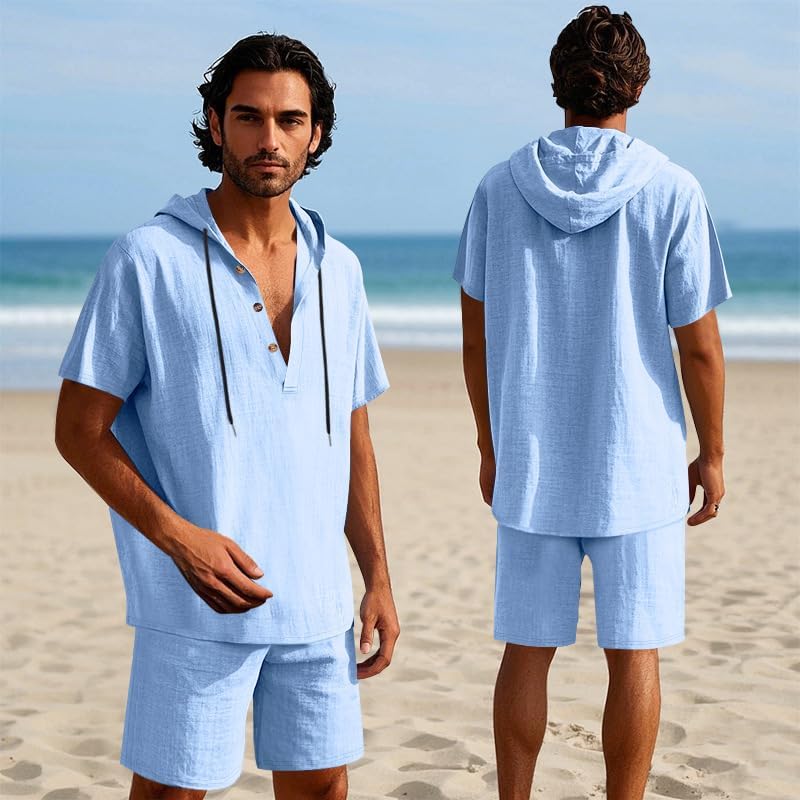 Men's 2 Piece Linen Outfits Short Sleeve Hooded Shirt and Beach Shorts Set Casual Summer Matching Set - Image 5