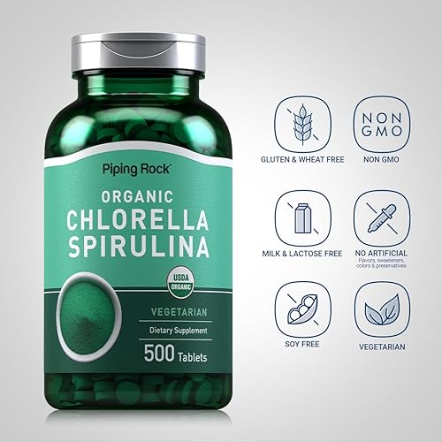 Miniatura 3 de Piping Rock Chlorella Spirulina orgánica  500 tabletas  Pastillas vegetarianas  Suplemento sin OMG, sin gluten