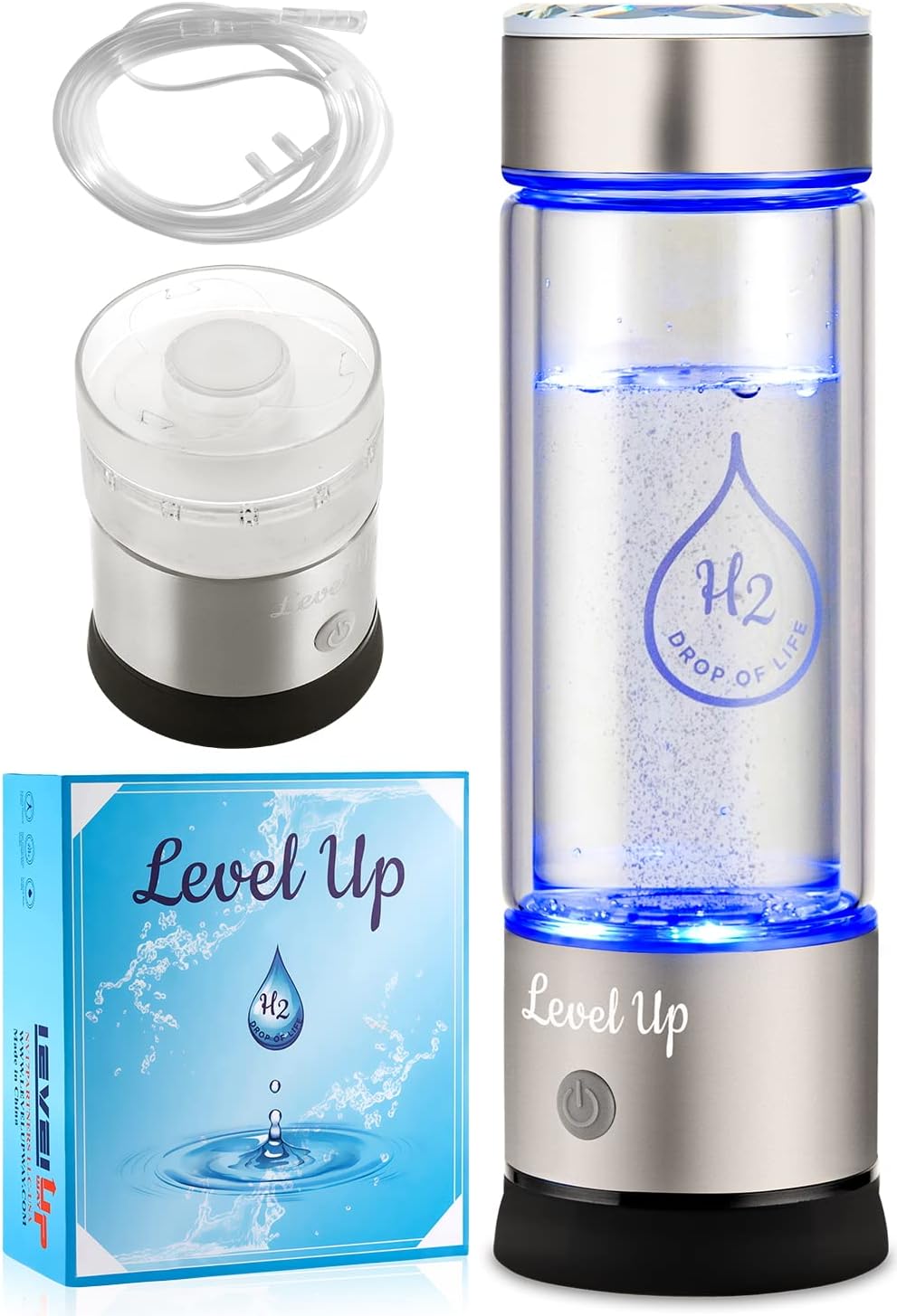 Level Up Way - Hydrogen Water Bottle Generator - New Technology Glass Water Ionizer - SPE Ionic Membrane - High Borosilicate Glass 13 Ounce