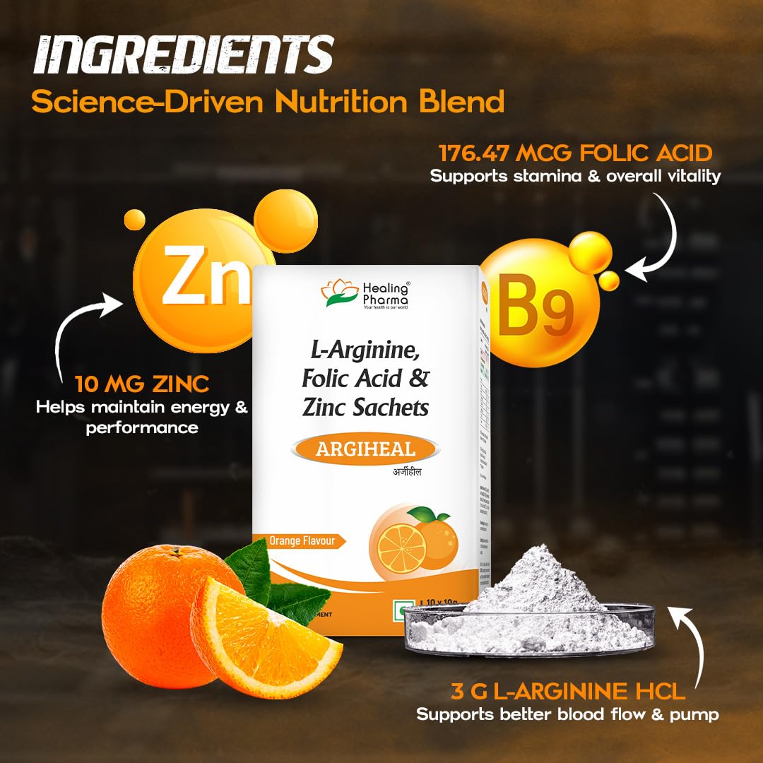Healing Pharma - ARGIHEAL 3g L-Arginine Powder Sachets | Supports Stamina, Blood Flow & Muscle Recovery | Pre-Workout Supplement For Men & Women | No Added Sugar | Orange Flavour - 10g (Pack of 10) 2