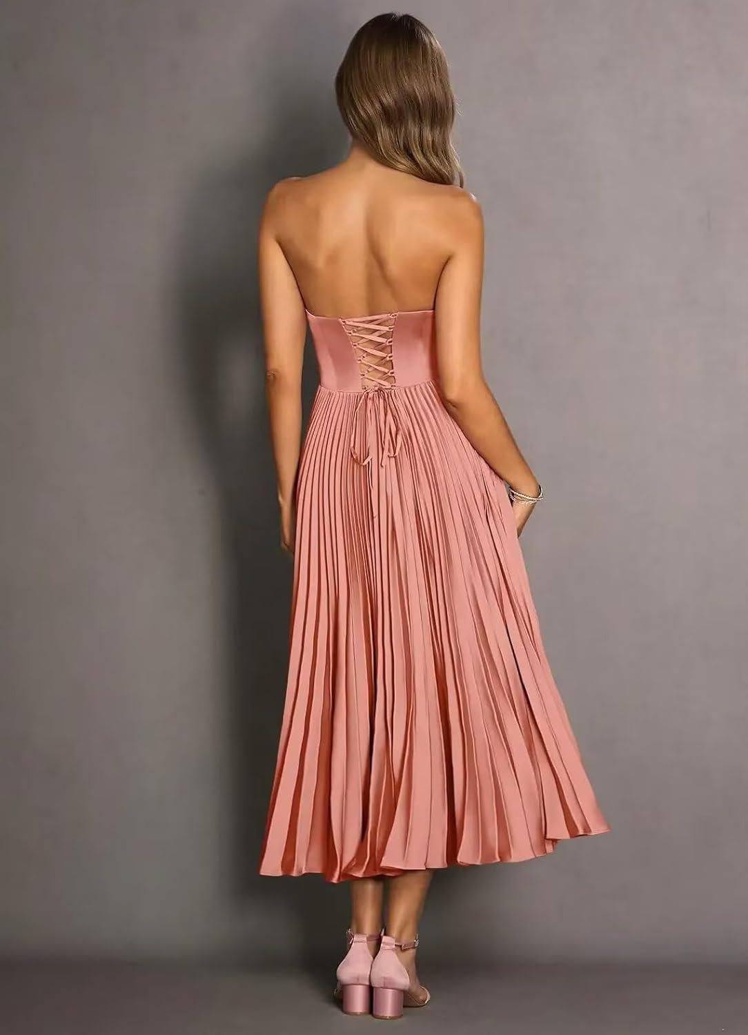 Strapless Pleated Satin Bridesmaid Dresses for Women Tea Length A Line Empire Waist Formal Evening Prom Ball Gowns