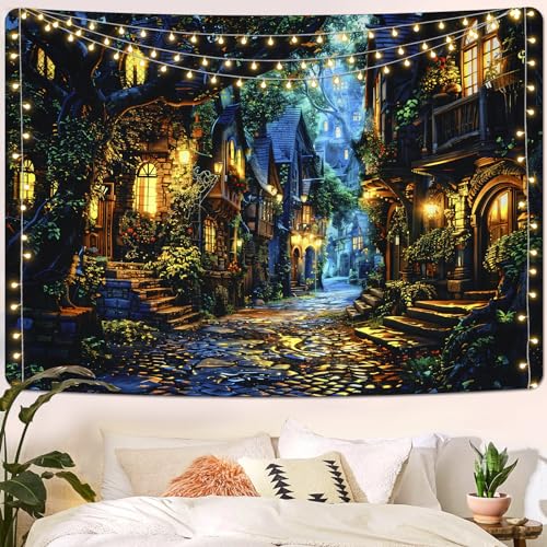 Invoibler Vintage Tapestry Cozy Street Tapestry Night Scenery Tapestry Warm Old House Castle Tapestry Fantasy Tree Tapestry Retro Landscape Tapestry thumb #1