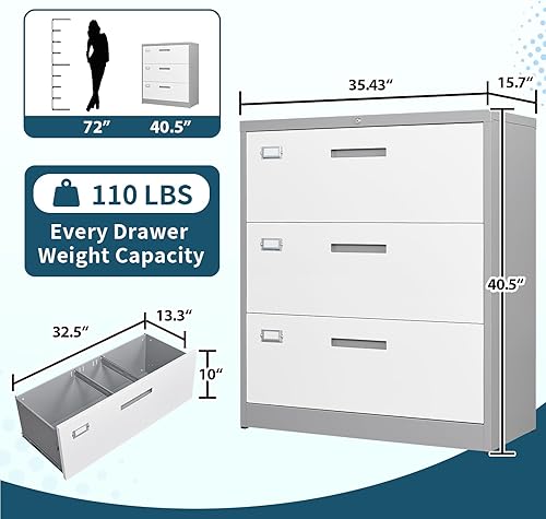 Miniatura 3 de MIIIKO Archivador lateral de 3 cajones para oficina en casa, archivador de metal con bloqueo con barras colgantes, carpetas de archivos de letras
