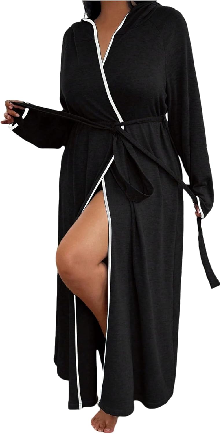 SOLY HUX Women's Plus Size Hooded Robes Long Sleeve Belted Long Kimono Bathrobe Loungewear