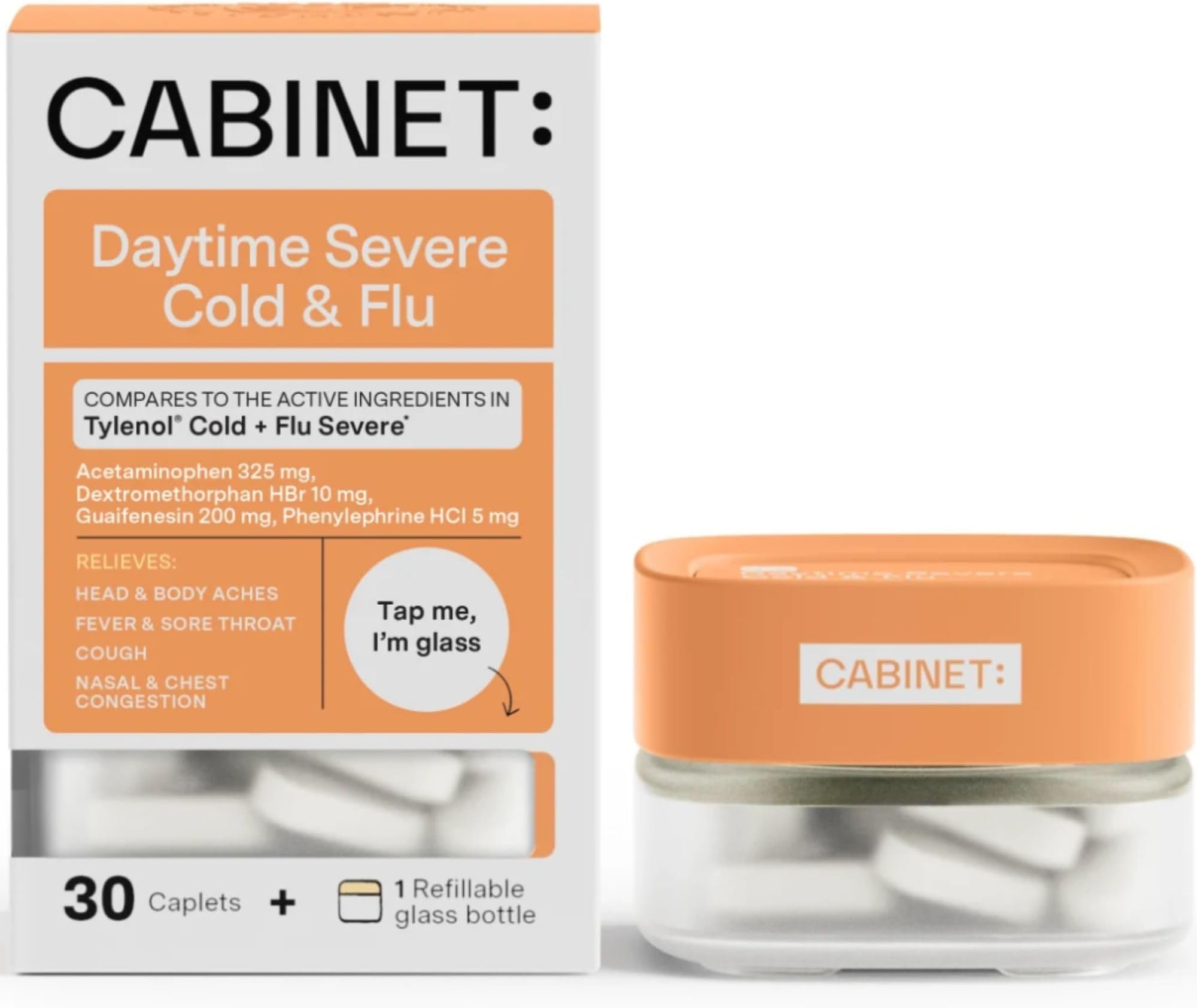 Cabinet: Non-Drowsy Cold & Flu Multi-Symptom Relief for Congestion, Headache, Sore Throat, Aches, Fever (Refillable Glass Jar)