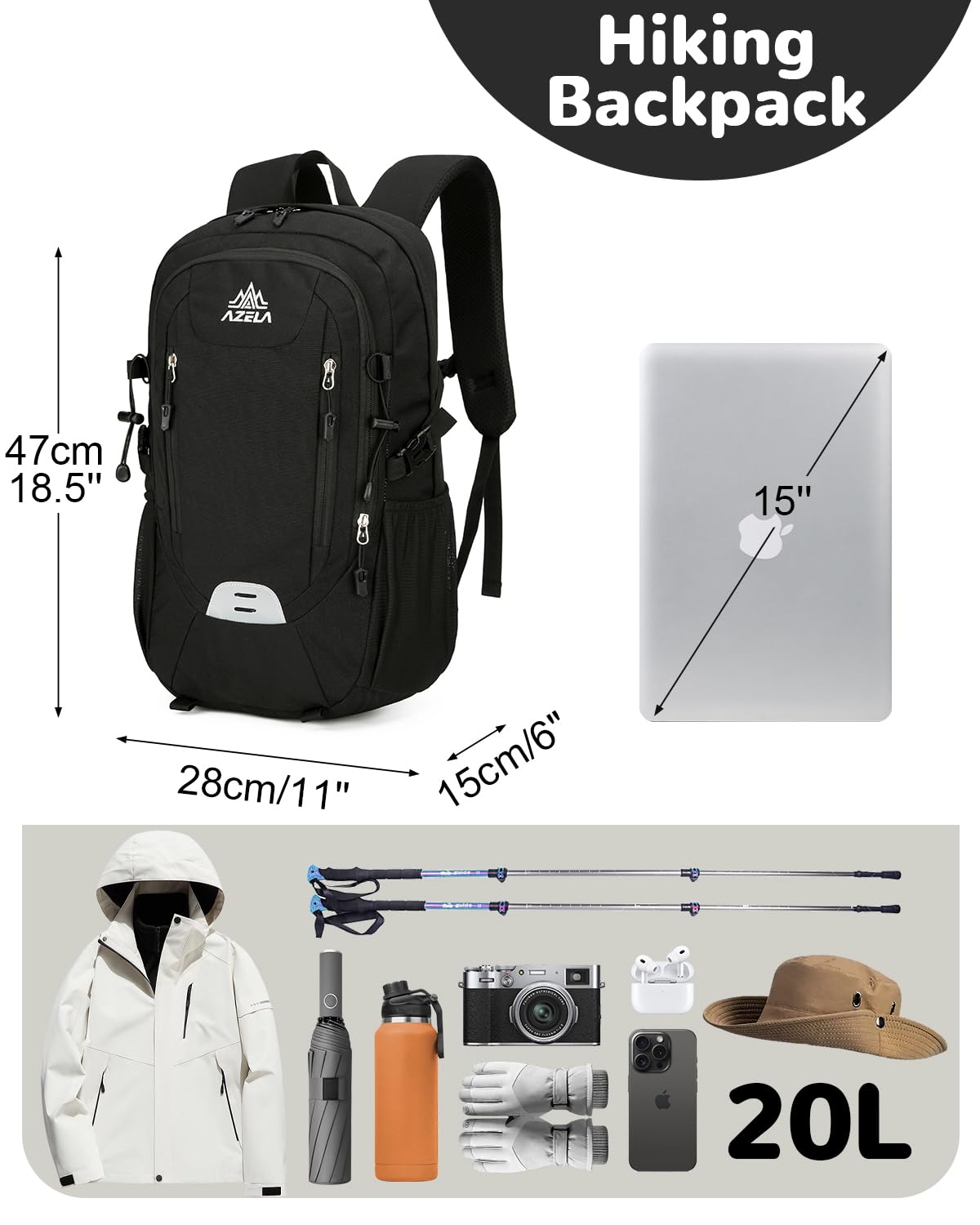 20L Zaino Escursionismo Uomo Donna, Zaino Trekking Piccolo per Montagnacon con Striscia Riflettente, Zaini Viaggio Multitasche per Sportivo Campeggio, Nero