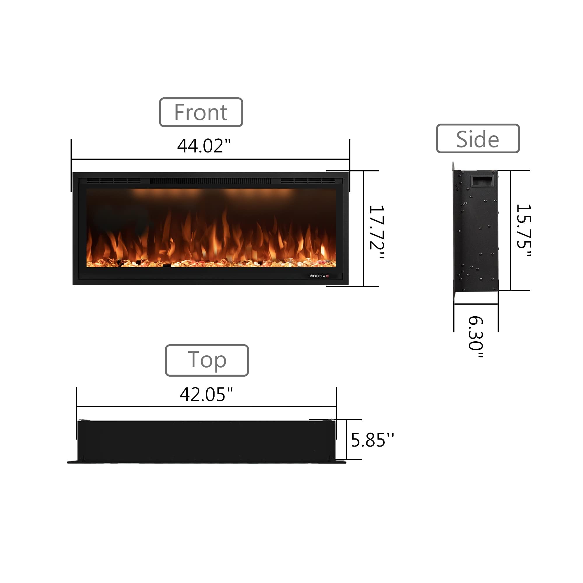 107cm/42" Camino elettrico con 3 Colori di fiamma e Luce Superiore, Termostato, 750W/1500W, Timer, Incastrato e Montato a Parete