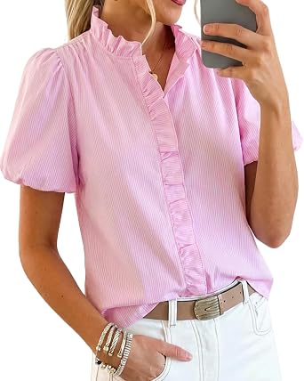Womens Short Puff Sleeve Button Down Shirts Ruffle Stand Collar Blouse