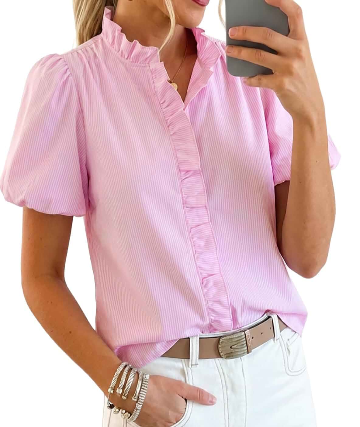 Womens Short Puff Sleeve Button Down Shirts Ruffle Stand Collar Blouse Business casual preppy tops, office gingham shirt, lightweight polka dot shirt, classic striped vacation outfit