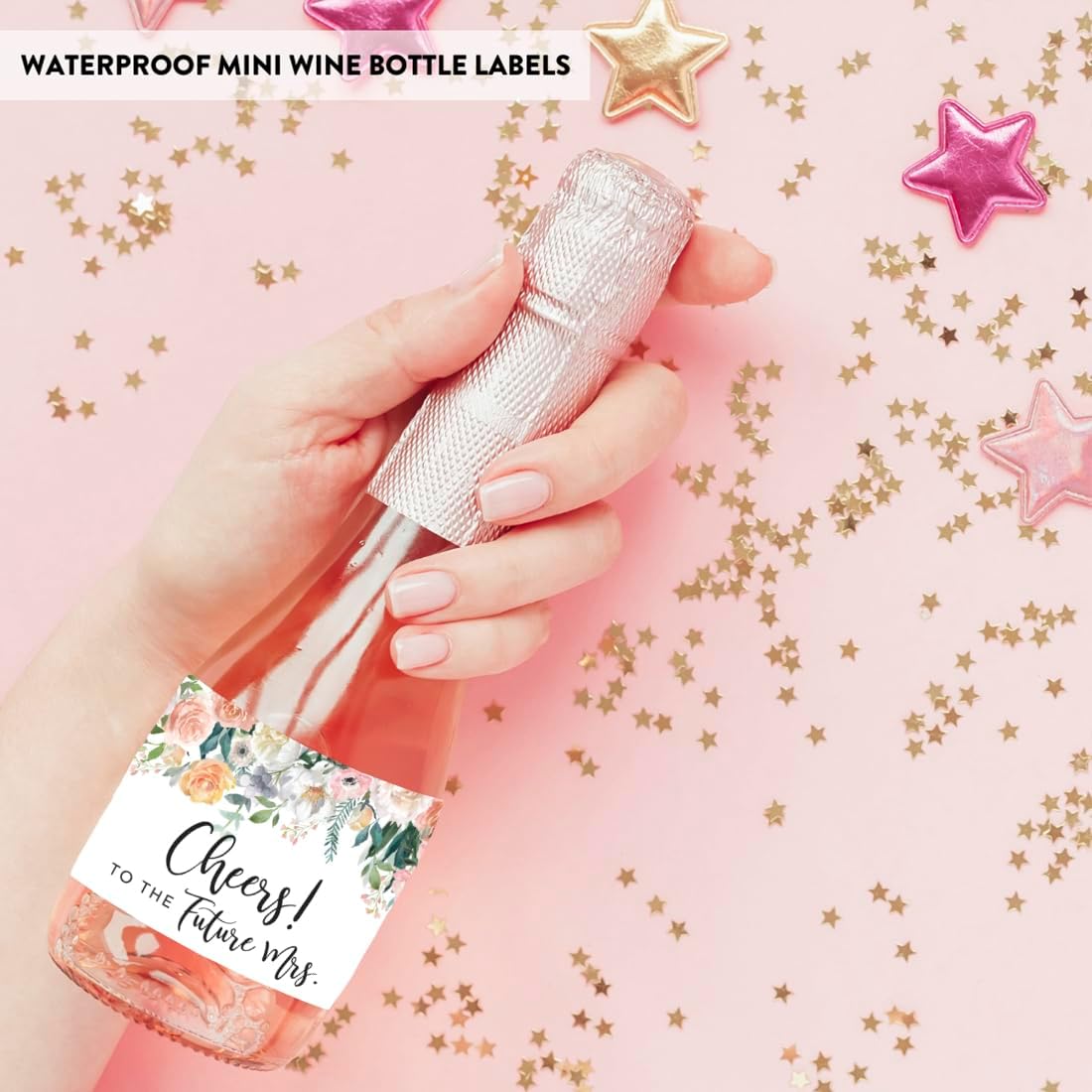 Andaz Press Mini Champagne Wine Bottle Labels, Cheers! to The Future Mrs., Peach Coral Floral Roses, 20-Pack, Mini Wine Bottle Labels Bridal Shower Bachelorette Mini Bottle Labels Future Mrs Sticker