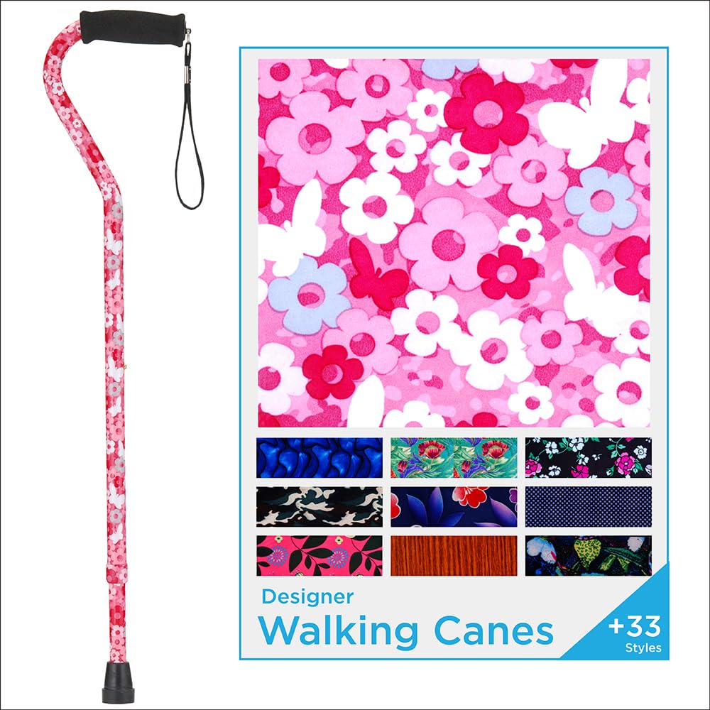 Designer Walking Cane with Offset Handle, Lightweight Adjustable Walking Stick with Carrying Strap, “Pink Petal Power” Design