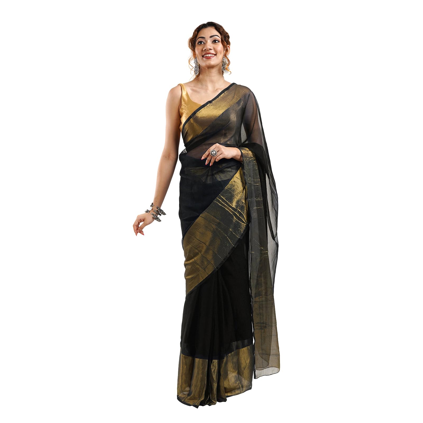 TEEJH Sanah Black Chiffon Ready to Drape Saree