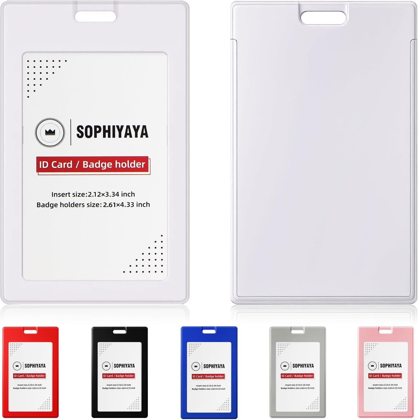 6 Pack Sliding ID Badge Holder - Vertical Hard Plastic Sleeve Secures Work ID Key Card Credit Cards for Office Factory School Teachers Students (White)