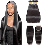 10A Straight Bundles with Closure 10 12 14 with 10 Inch 100% Unprocessed Brazilian Virgin Human Hair Weave 3 Bundles with 4x4 HD Lace Closure
