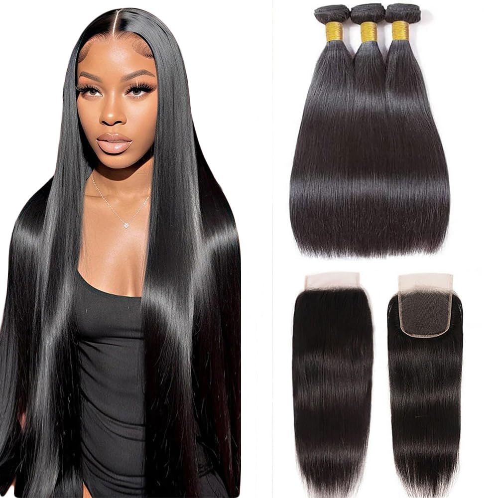 10A Straight Bundles with Closure 20 22 24 with 18 Inch Human Hair Bundles with Closure 100% Unprocessed Brazilian Virgin Human Hair Weave with