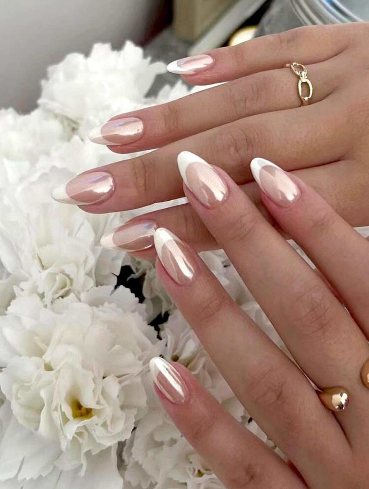 Suerte Press On Nails french tips hailey chrome Almond Solid Color Gradient Glossy 24pcs Press On French Nails Medium Natural White Manicure nail art trendy, Fake acrylic nails with glue kit